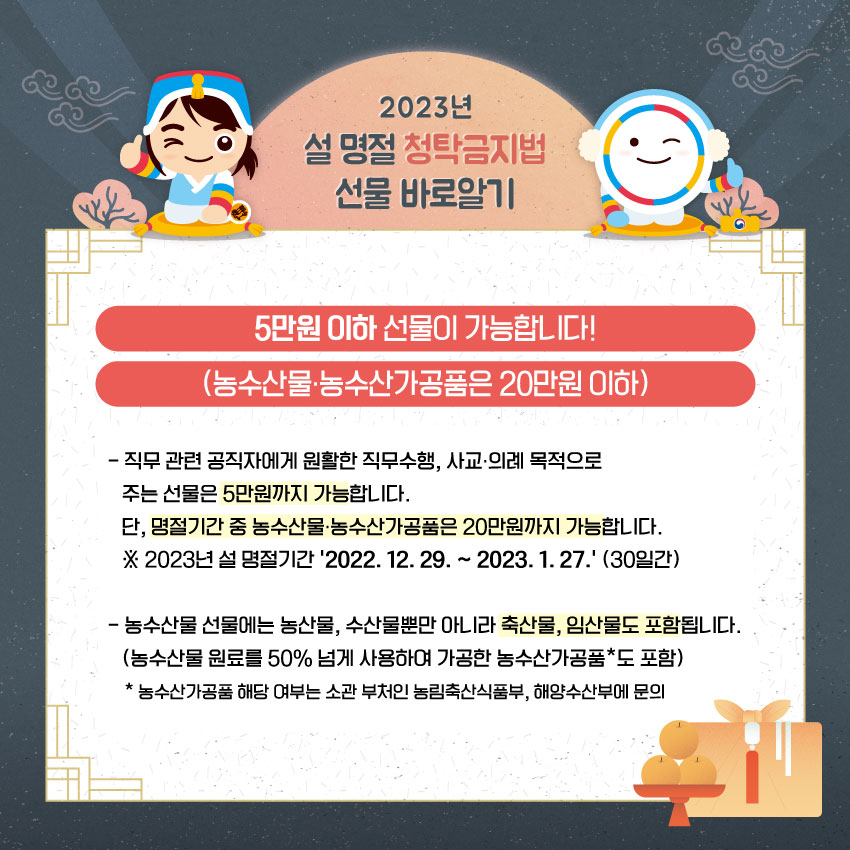 5만원 초과 선물도 가능합니다.



직무와 관련이 없는 공직자에게는 100만원까지 가능합니다.

(예) 공공기관 내 직장 동료들 사이&#44; 공직자인 지인&middot;친척에게 선물 등



상급자가 하급자에게 또는 공공기관이 소속 공직자에게 제공하는 선물은 금액 제한이 없습니다.

단&#44; 이 경우는 같은 공공기관 소속 공직자 사이에서 가능합니다.