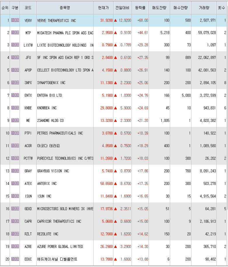  6월17일 미국주식 상승률 상위 종목 TOP 300