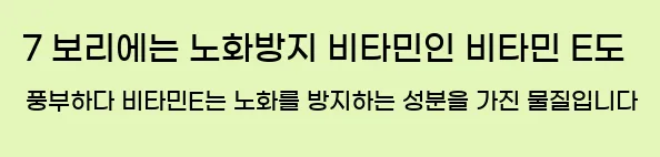     7 보리에는 노화 방지 비타민인 비타민 E도 풍부한 비타민 E는 노화를 방지하는 성분을 가진 물질입니다