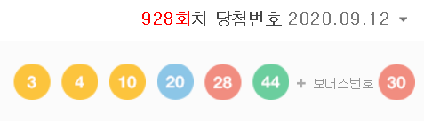  928회차 로또 당첨번호 (1등 당첨자는 7명으로 당첨금은 31억 3459만 원)