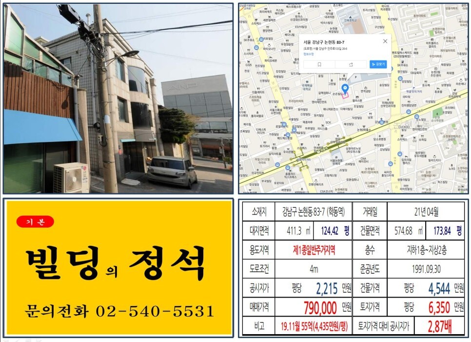  [강남구 세관사거리 70억 올근생 꼬마빌딩 실거래가 조회] 논현동 83-7 (학동역) 79억 원, 평당 6,350만 원 매매되었습니다. 팬트힐캐스케이드, 아난티강남호텔