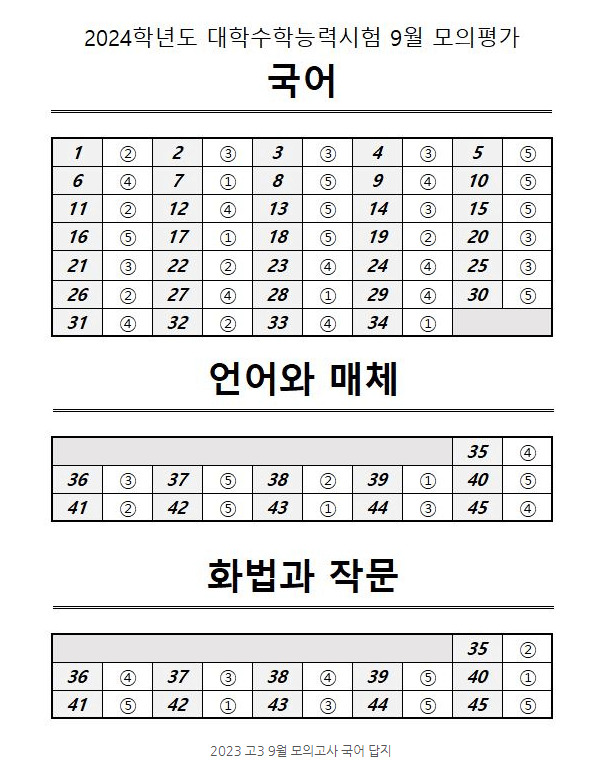 9월 모의고사 정답 답지 국어