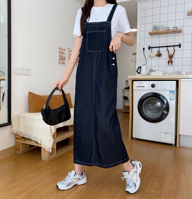 뒷트임 생지 데님 멜빵 롱스커트 멜빵청치마