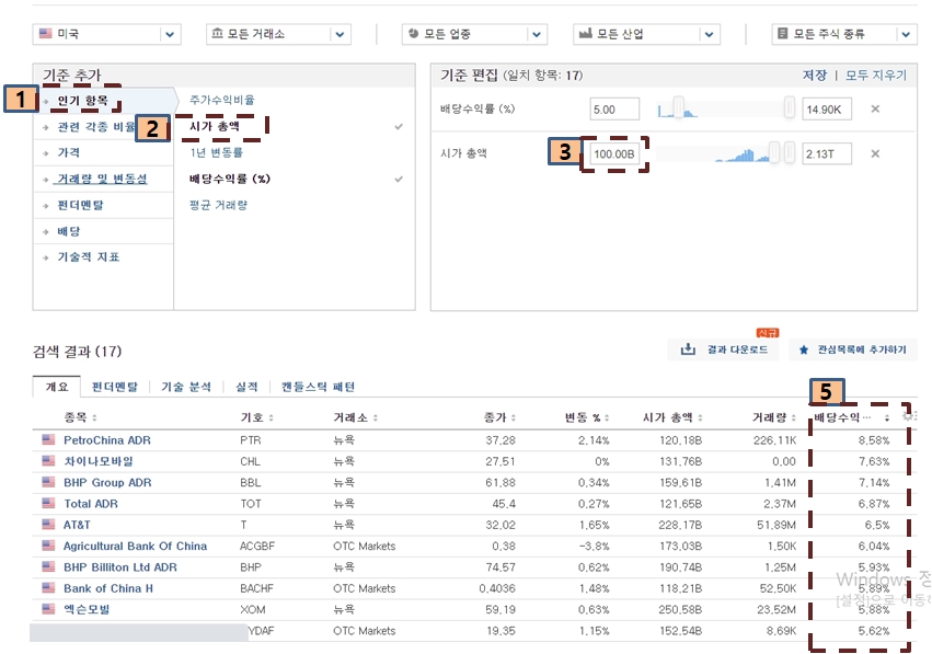 미국-고배당주-시가총액-배당수익률-복합-검색-화면