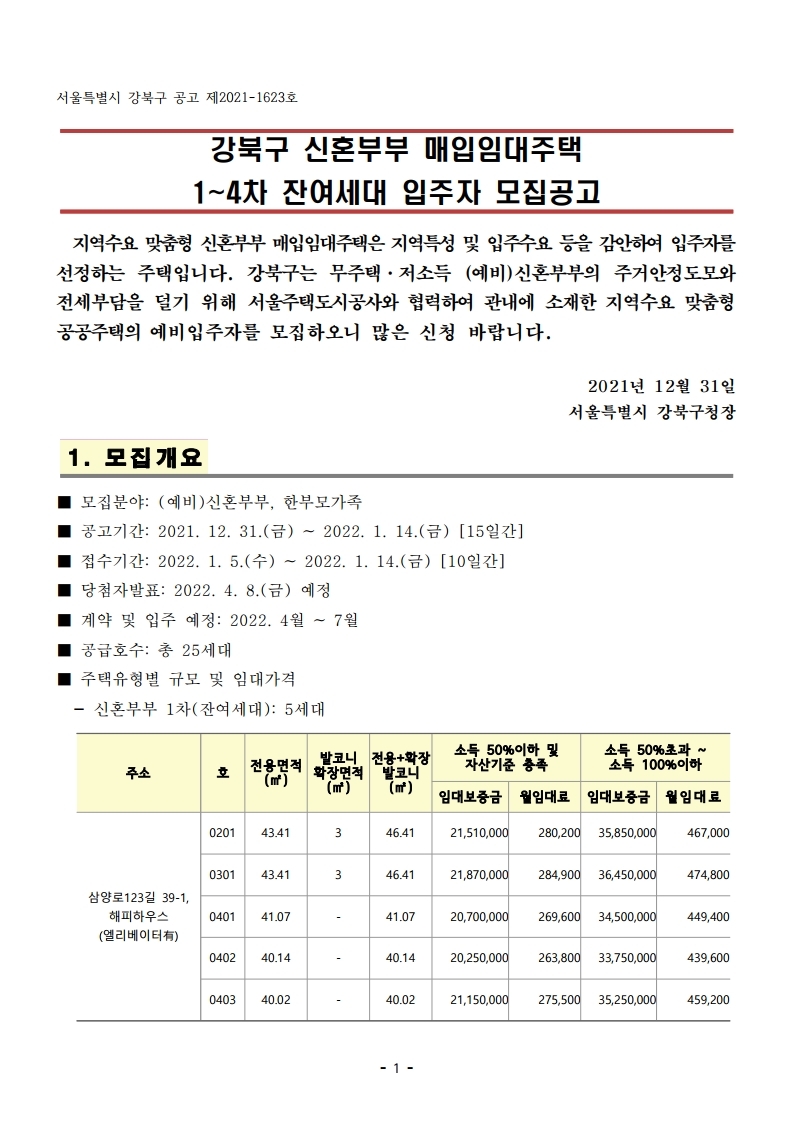  강북구 신혼부부 매입임대주택 1~4차 잔여세대 입주자 모집공고문