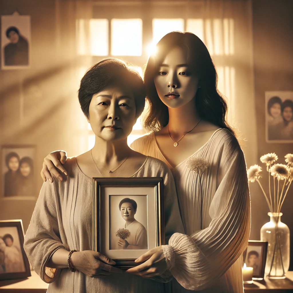 햇살이 비치는 방 안에서 중년 여성과 젊은 여성이 함께 고인의 사진 액자와유족연금통장 을 들고 있다. 뒤에는 함께한 사진들과 조명이 분위기를 더한다