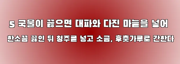  5 국물이 끓으면 대파와 다진 마늘을 넣어 한소끔 끓인 뒤 청주를 넣고 소금, 후춧가루로 간한다