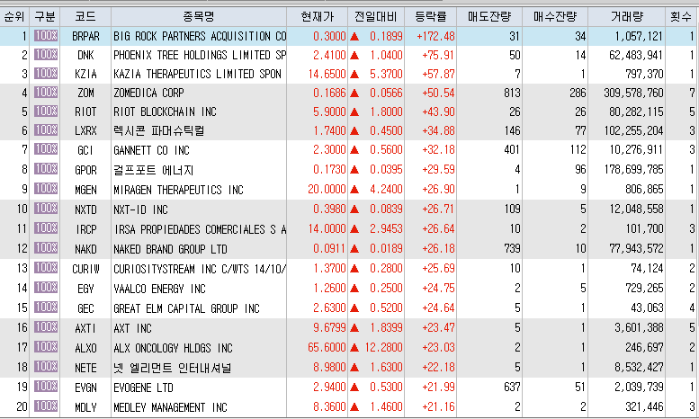  11월17일 미국주식 상승률 상위 종목 TOP 200