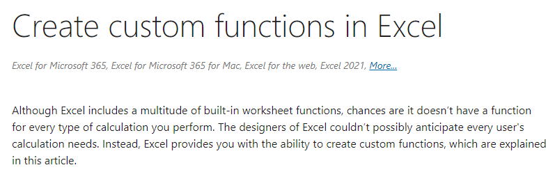 마이크로소프트 사이트의 사용자 지정 함수에 대한 설명(영어)