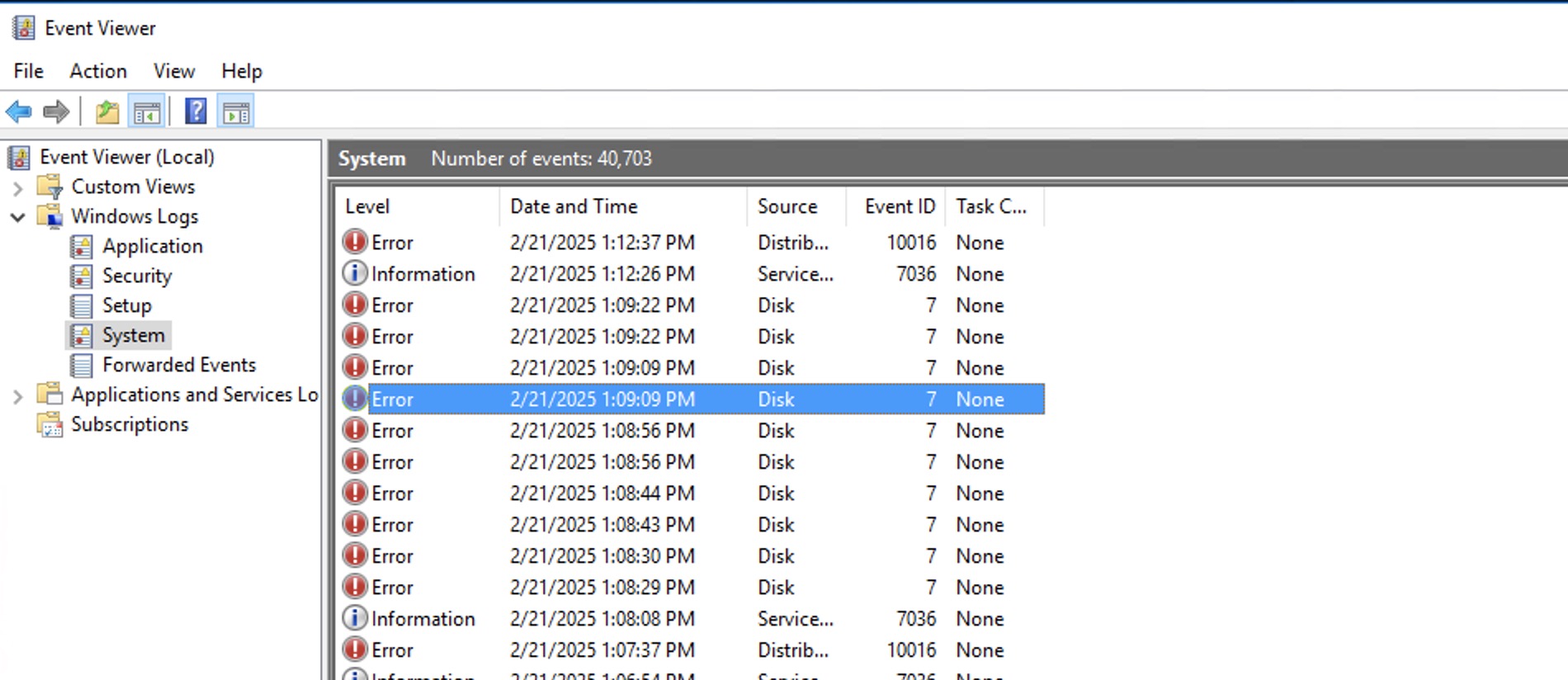 이벤트 뷰어 ID 7 Disk Error