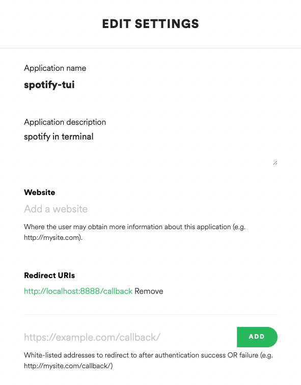 spotify dashboard edit settings 화면