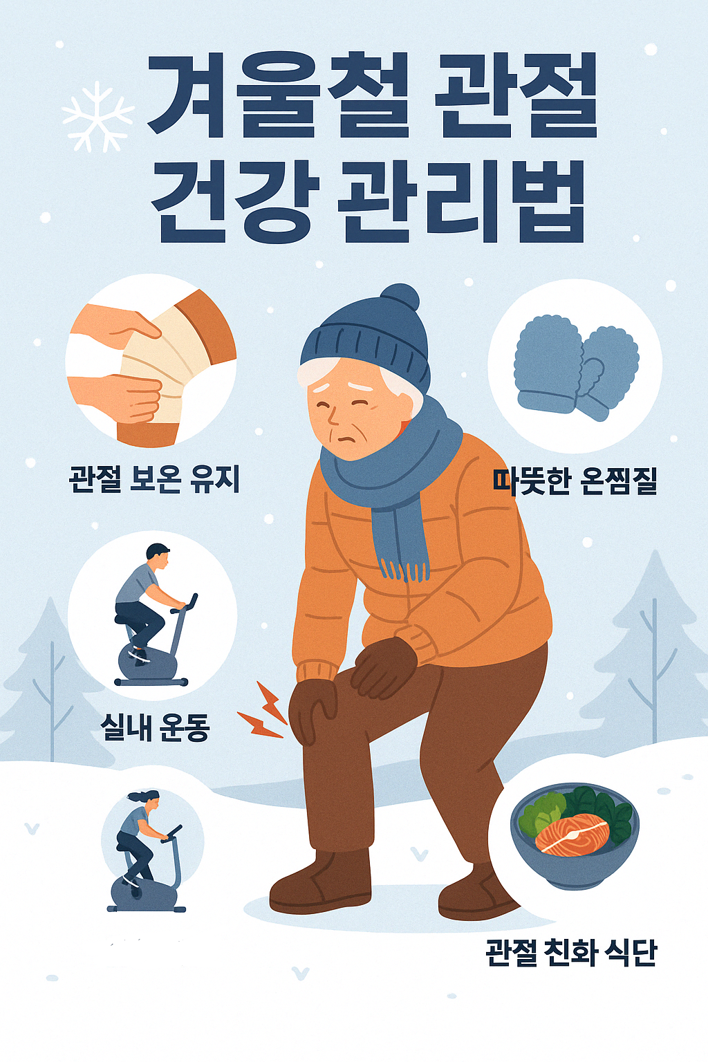 겨울철 관절 건강을 위한 관리법을 시각적으로 설명한 감성적인 건강 인포그래픽 이미지