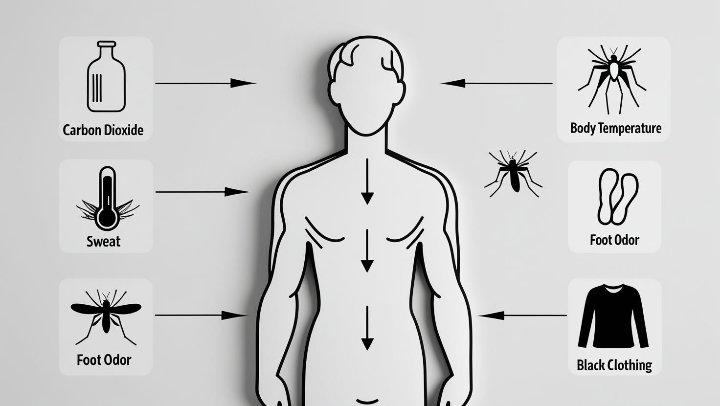 사람 주변으로 모기가 유인되는 주요 원인(이산화탄소, 체온, 체취 등)을 설명하는 인포그래픽