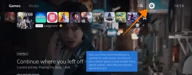 플레이스테이션 5 대시보드. 설정 선택