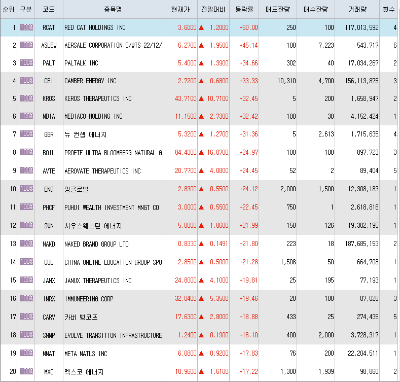  9월27일 미국주식 상승률 상위 종목 TOP 300