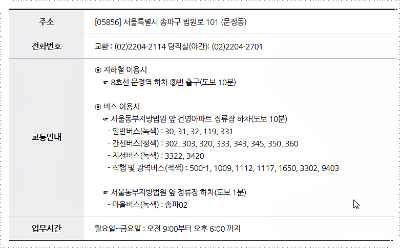 서울동부지방법원 등기국 주소 및 전화번호