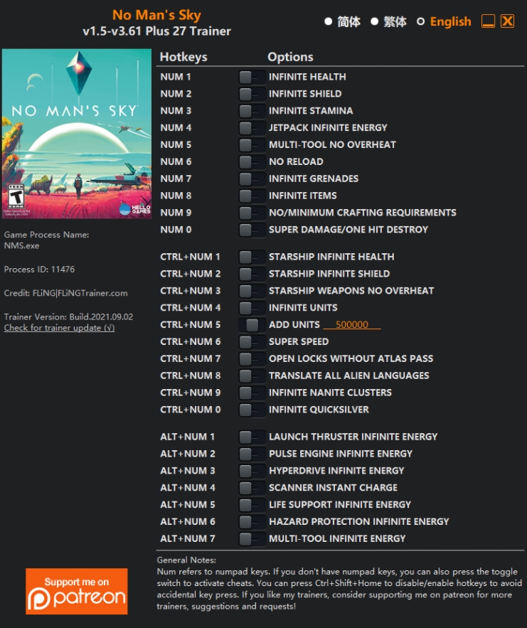  [트레이너] 한글판 노 맨즈 스카이 최신 영문판 No Man's Sky v1.5-v3.61 Plus 27 Trainer