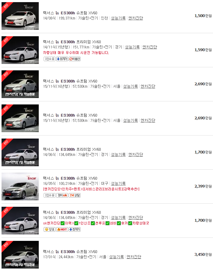 렉서스 뉴 ES300h 중고차 가격