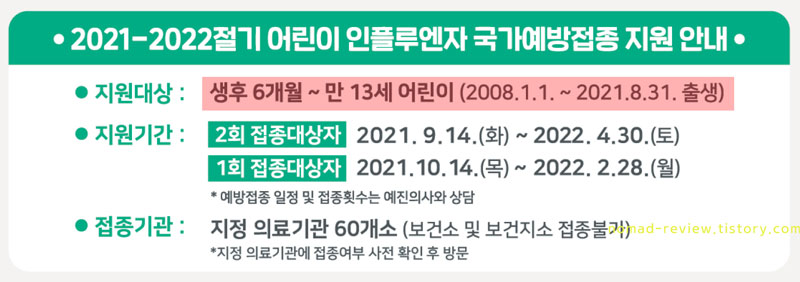 2021년 어린이 무료 독감 예방접종 기간