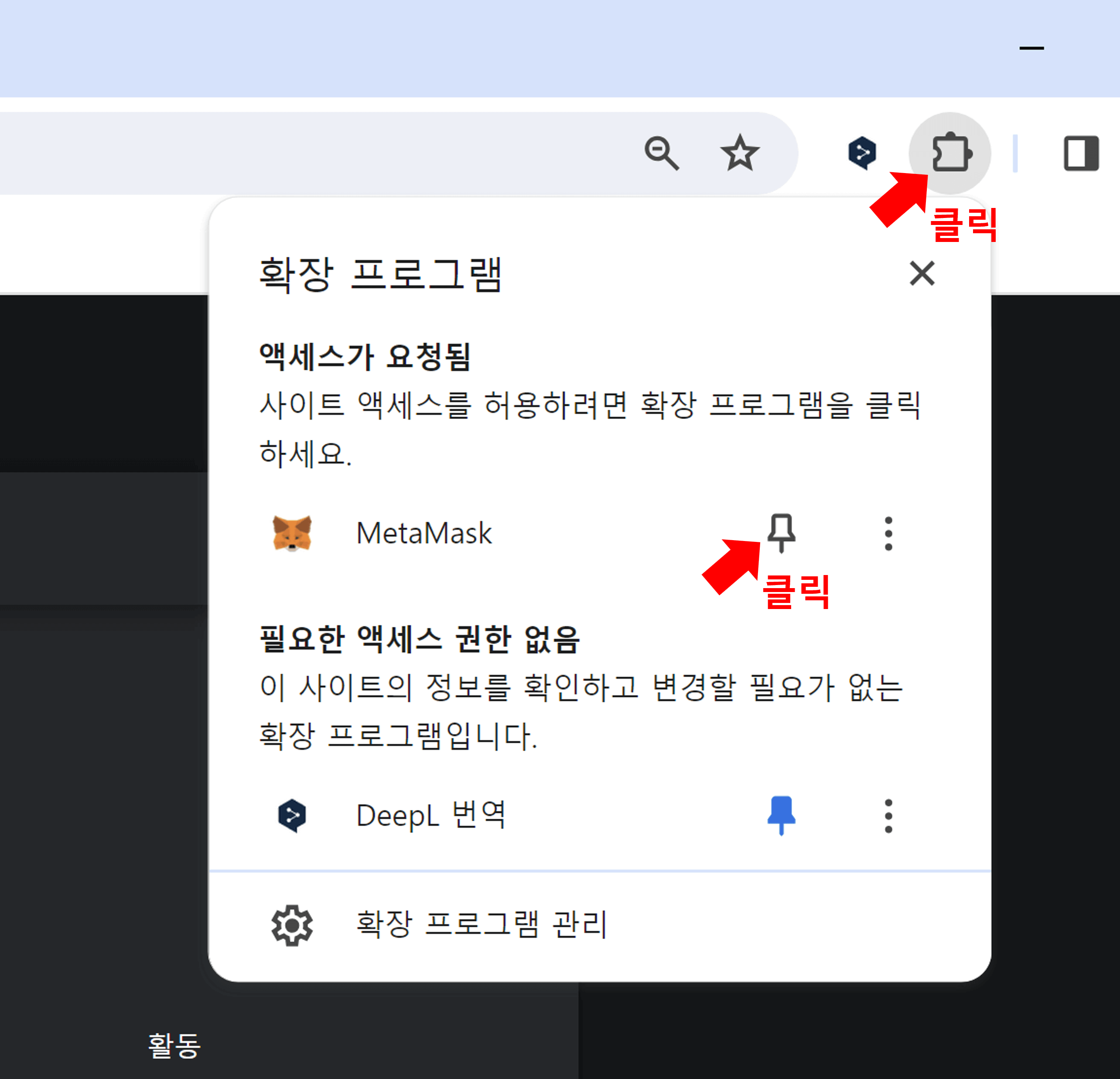 메타마스크 확장 프로그램 핀고정하