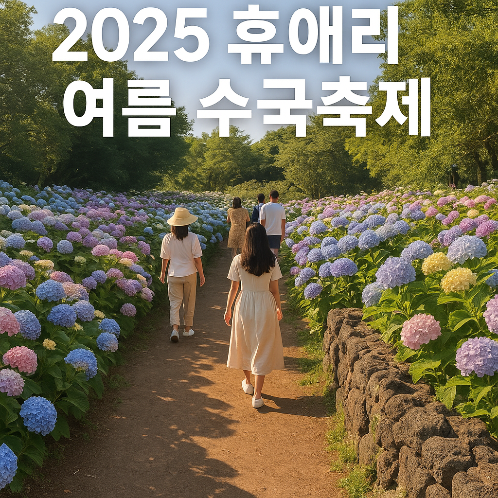 2025 제주 휴애리 여름 수국축제 대표 이미지, 다양한 색감의 수국꽃이 만개한 정원 속을 걷는 방문객 풍경