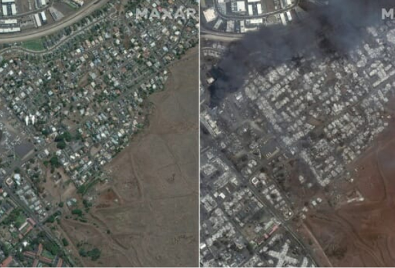 하와이 마우이의 산불 피해 위성사진
