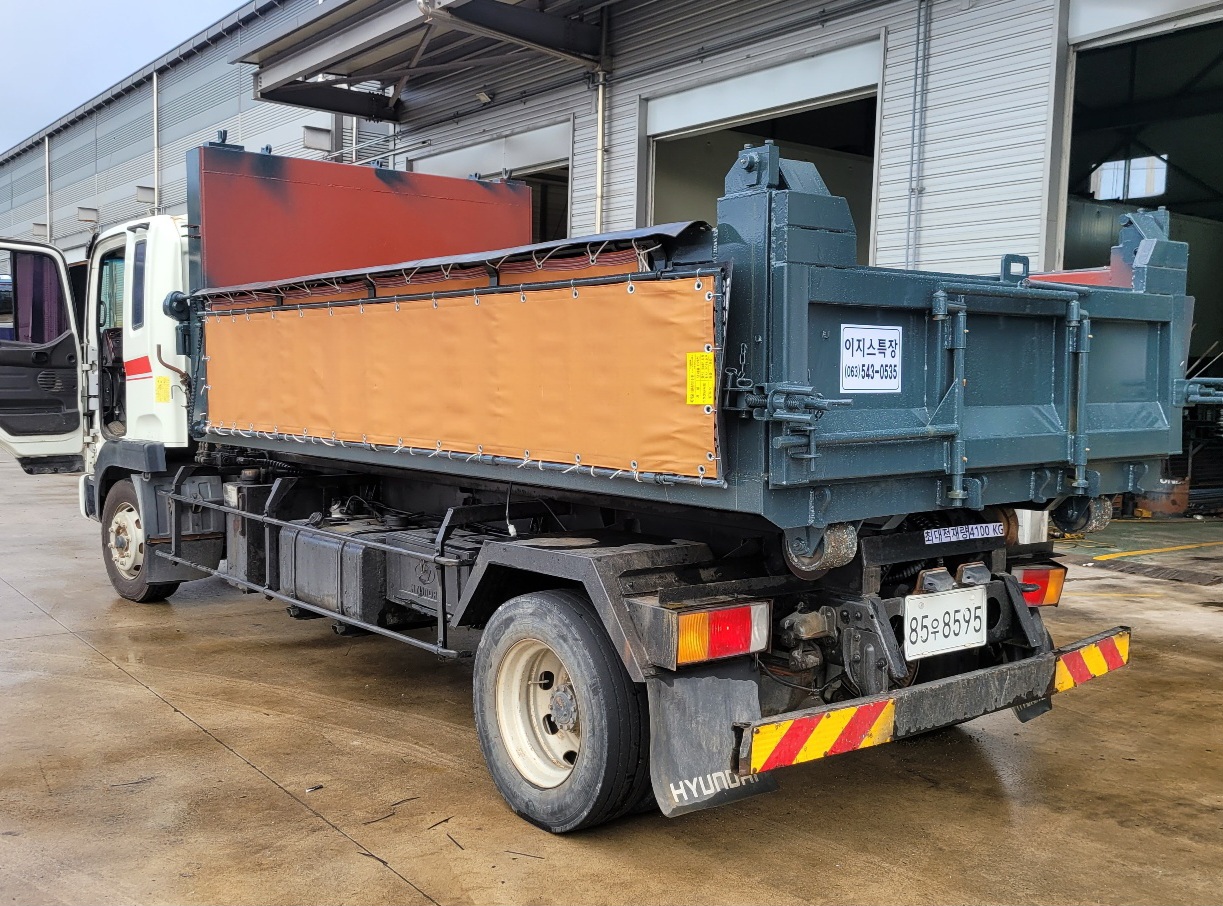  암롤 평판시트 제작문의바닥6T 옆,앞4.5T4500×2300×700 뒷문 분리형 머리받이에 고정가능자동덮개장착덤프차, 장비운송용