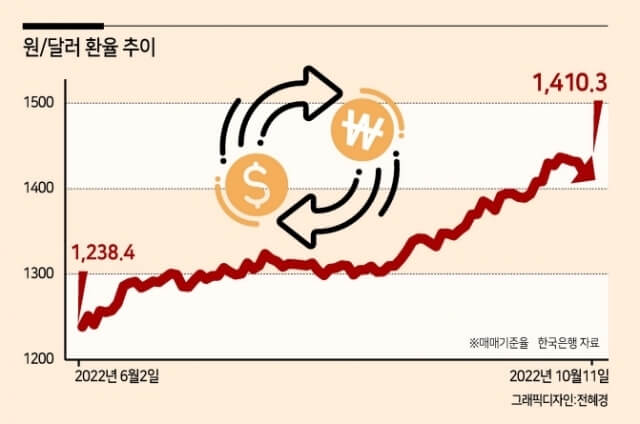 원/달러 환율 추이/ 2022년 6월 2일 - 10월 11일 (출처 : 헤럴드 경제 2022년 10월 12일)