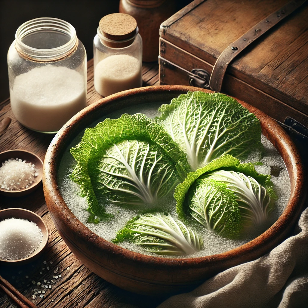 나무 대야에 소금물에 절여지는 배추 4등분의 모습, 전통적인 한국 주방 분위기.