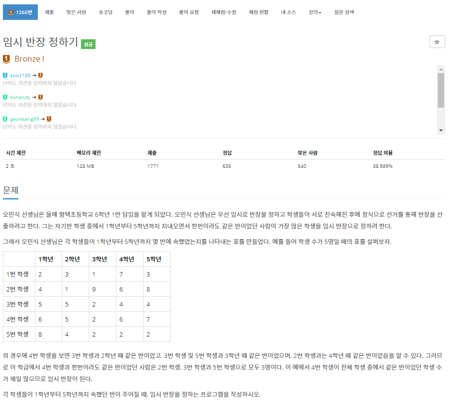  [백준]  1268번: 임시 반장 정하기(구현)