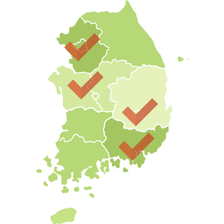 대한민국-지도에서-서울-대전-대구-부산지역에-빨간-체크표시가-있다