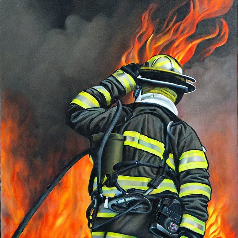 Realistic painting of a firefighter who is putting out the fire