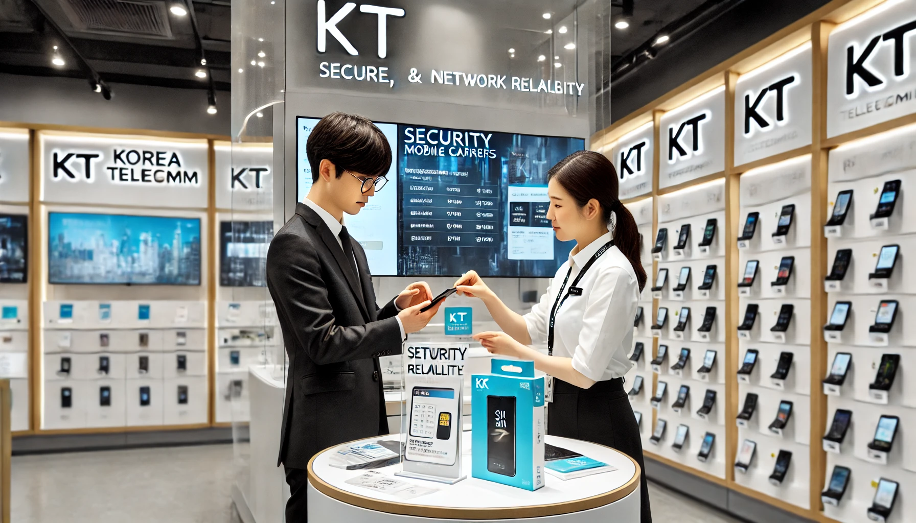 KT 매장에서 번호이동을 진행하는 고객과 직원의 모습