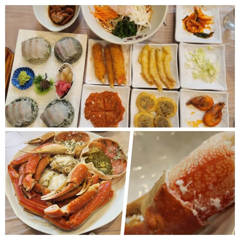 대게 4인세트 상차림 사진과 대게 사진이 있다.