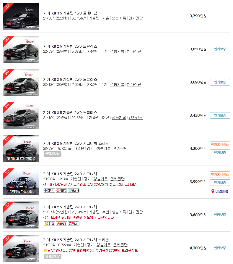 K8(21년~23년식) 중고차 가격