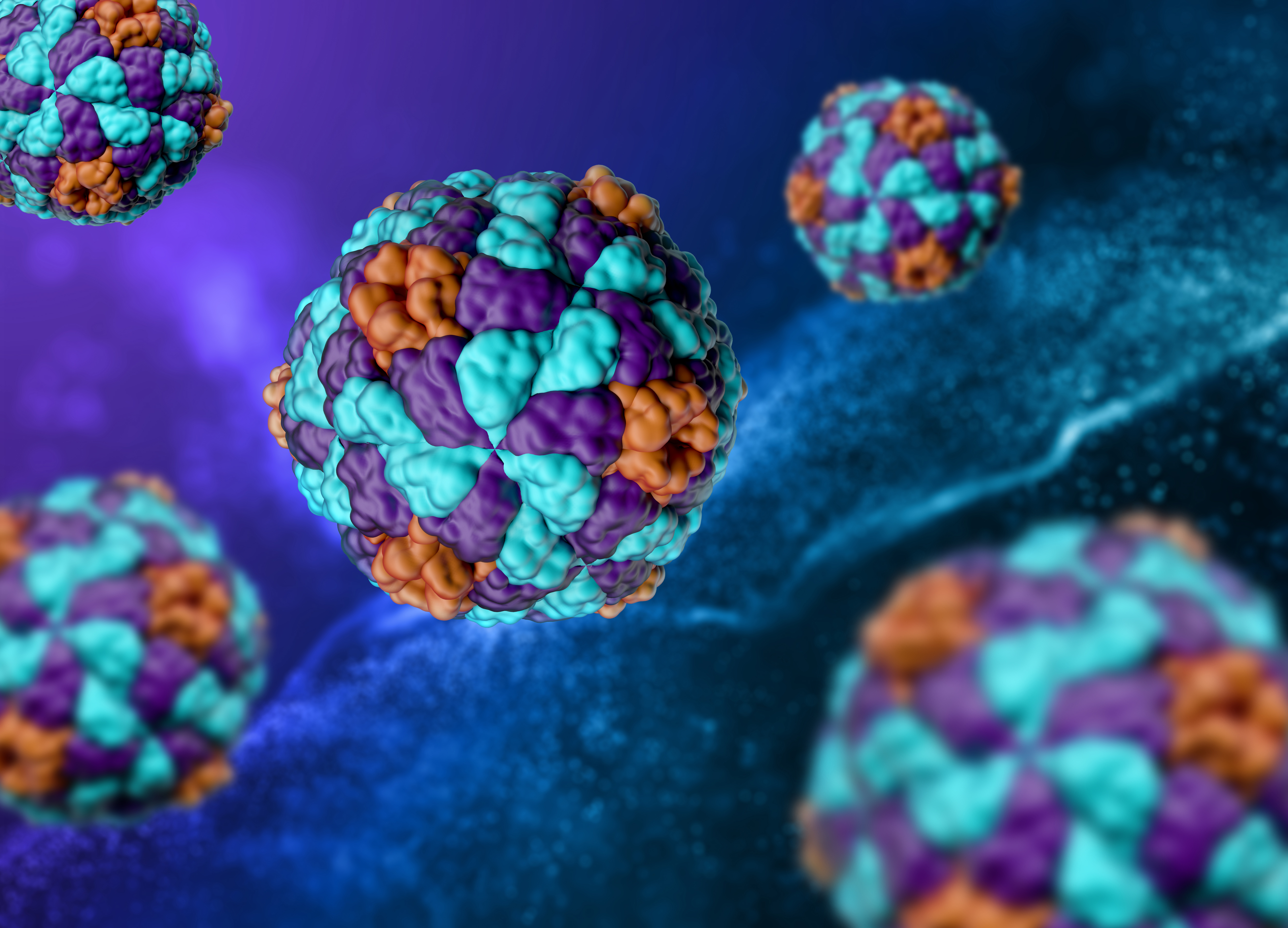 간염 바이러스를 3D로 입체적으로 형상화해서 확대를 해 놓은 사진