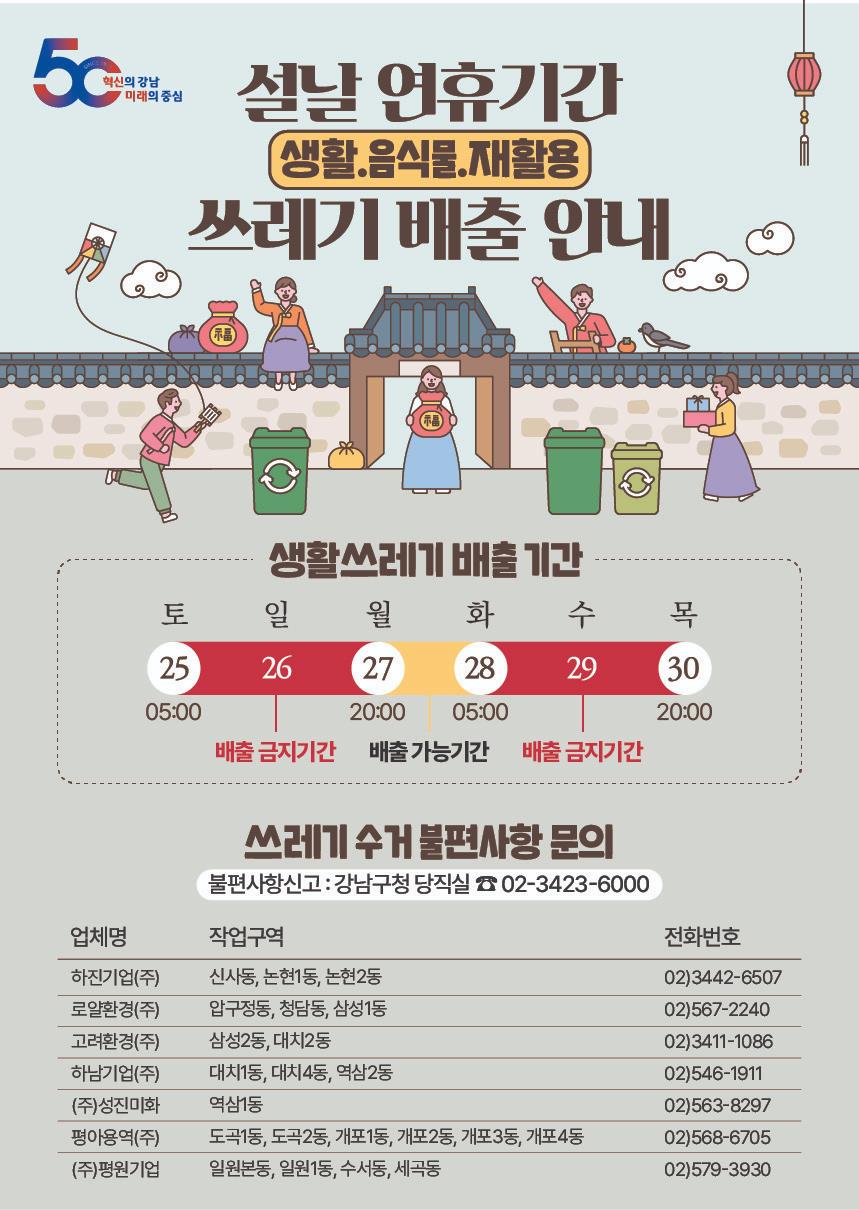 2025년 설날 연휴기간 강남구 쓰레기 배출일