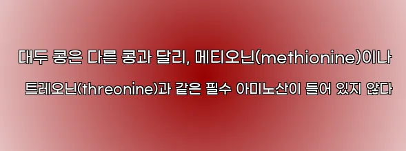  대두 콩은 다른 콩과 달리, 메티오닌(methionine)이나 트레오닌(threonine)과 같은 필수 아미노산이 들어 있지 않다