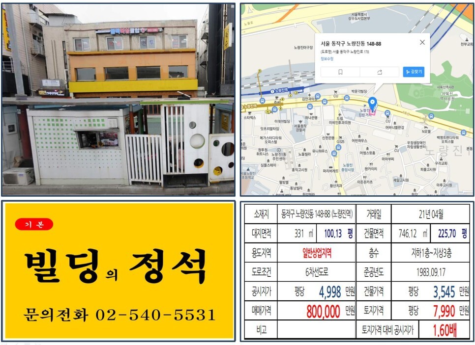  [동작구 노량진 컵밥거리 80억 올근생 꼬마빌딩 실거래가 조회] 노량진동 148-88 (노량진역) 80억 원, 평당 7,990만 원 매매되었습니다. 노량진 학원가, 노량진 수산시장
