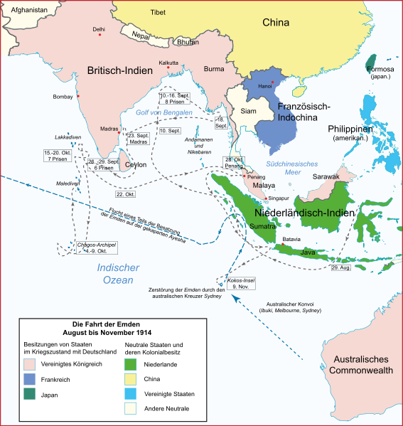 엠덴 경순양함의 인도양 통상파괴작전 지도