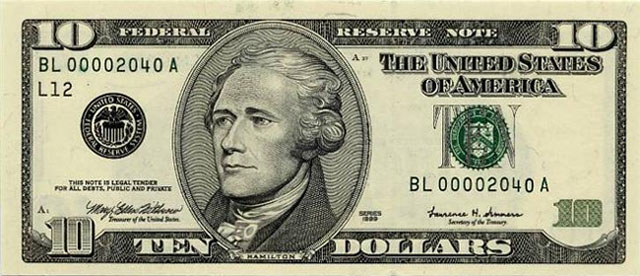 10달러 지폐에 새겨진 알렉산더 해밀턴의 초상