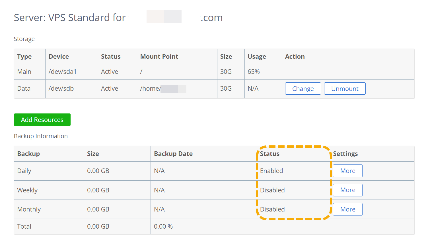 Bluehost VPS 디스크 사용량