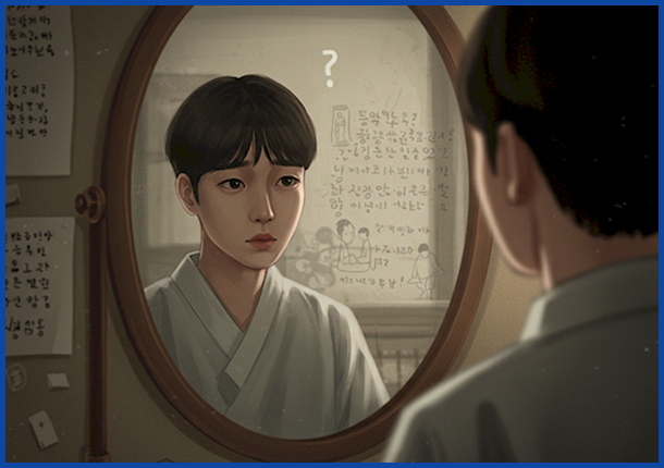 거울 속 자신의 모습에 혼란스러워하는 한국인 남성/여성의 모습을 통해 해리성 기억상실증으로 인한 정체성 혼란을 묘사한 삽화.