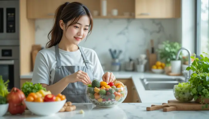 칼륨이 풍부한 채소와 과일을 준비하는 한국인 여성
