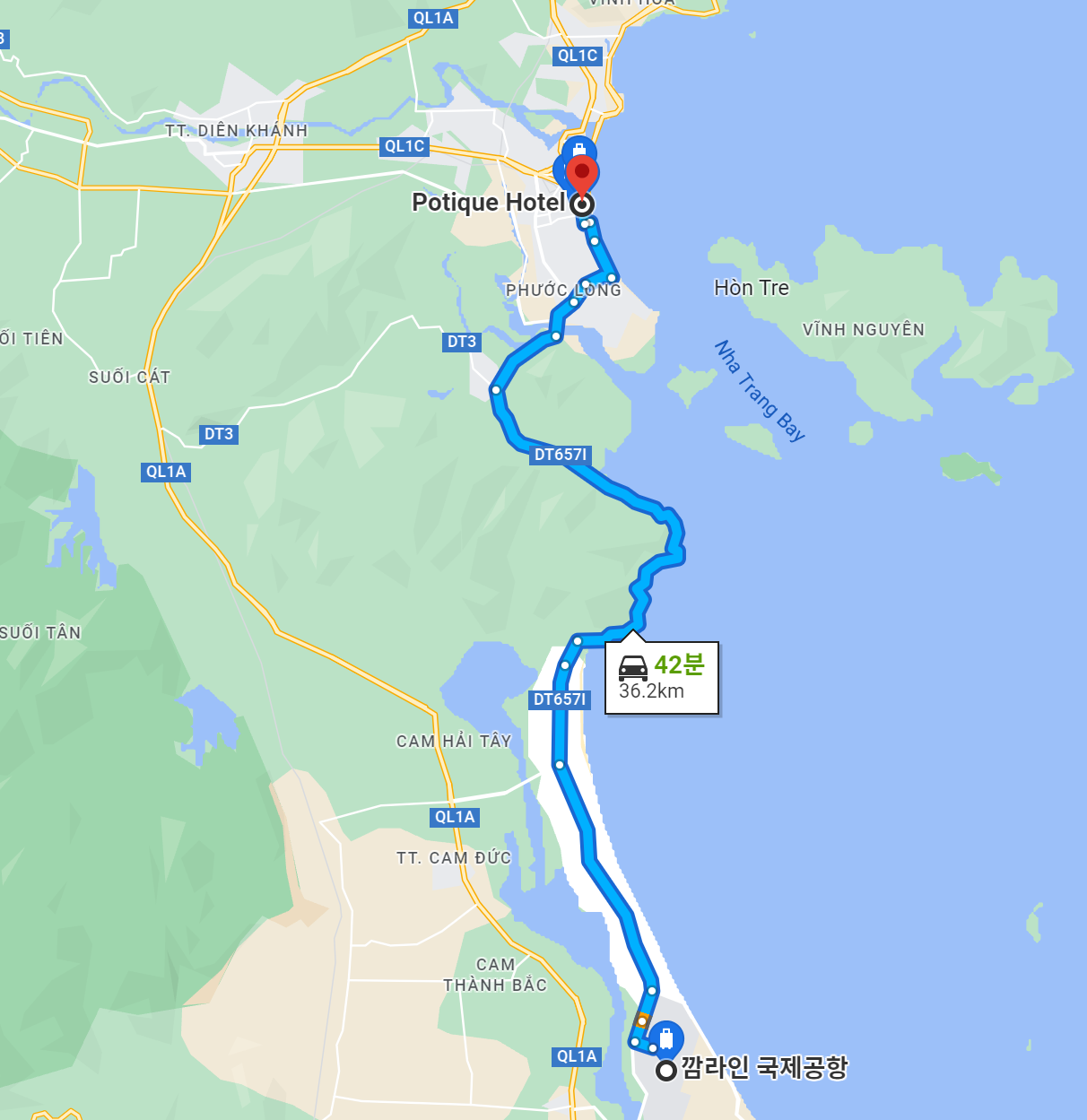 나트랑 공항에서 시내까지 경로 지도