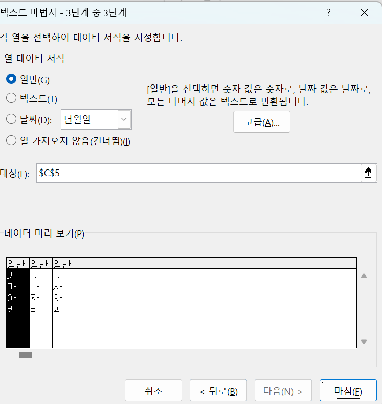 텍스트 나누기 마법사 3단계 중 3단계