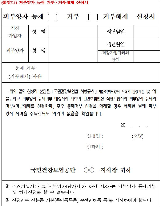  건강보험 피부양자 등재 (거부·거부해제) 신청서