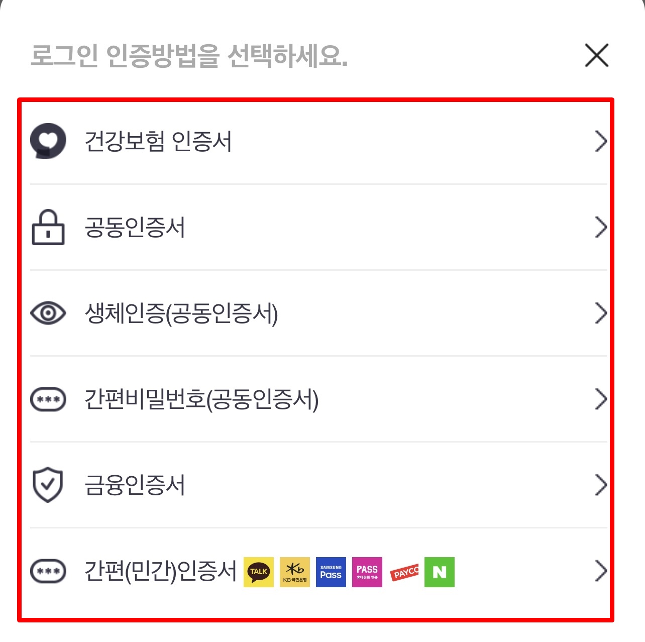 간편 인증 로그인으로는 카카오톡, 건강보험 인증서, KB 모바일 인증서, 페이코, 통신사 패스, 네이버 간편인증이 있습니다.