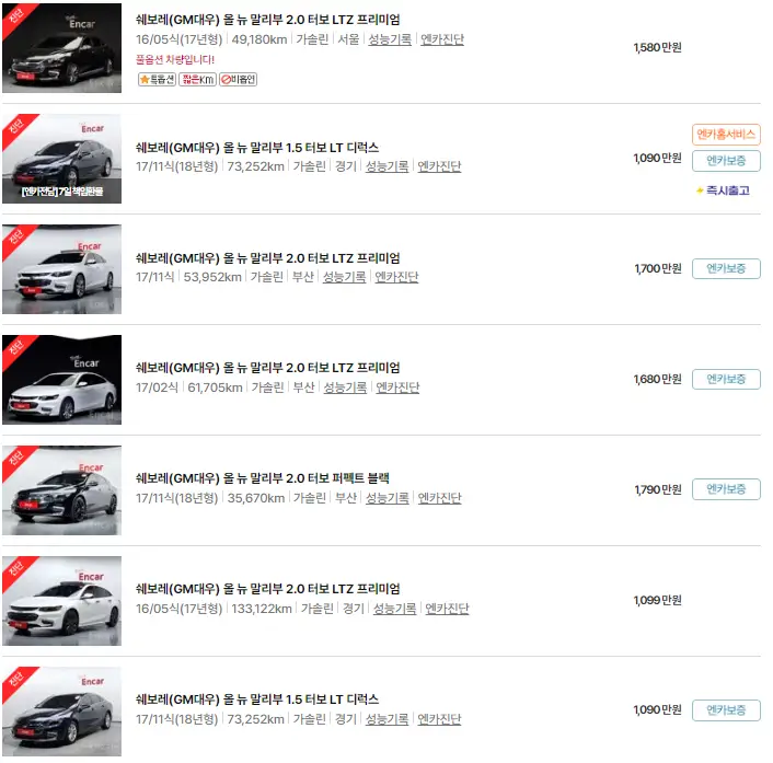 올 뉴 말리부 (16년 ~ 18년) 중고차 가격