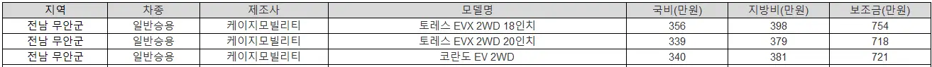 2025년 전남 무안군 전기차 보조금